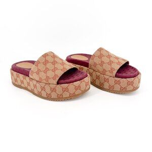 Gucci Angelina Platform Slide Sandals Beige GG Canvas Size 37 US 7 Women's